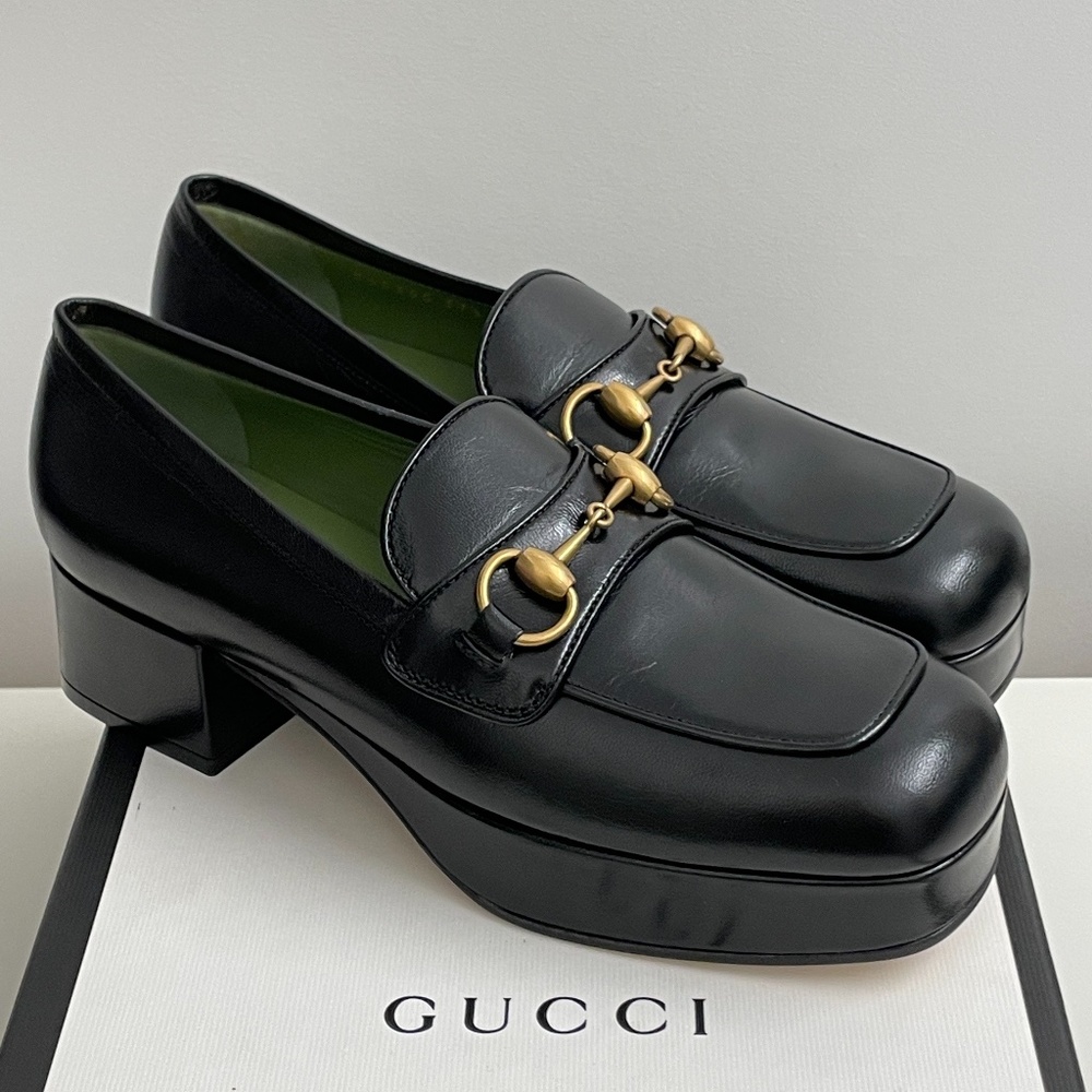 Gucci Black Platform Loafers with Gold Hardware